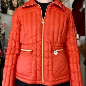 Michael Kors Orange Puffer Jacket with Gold Details
